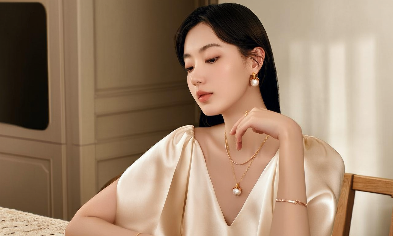 生活瞬间,美女,韩系美女,丝绸,美妆广告,家庭餐桌,4K超清,写实风格,温馨,柔和室内光,细腻皮肤,项链,耳环,手链。 生活瞬间,美女,韩系美女,丝绸,美妆广告,家庭餐桌,4K超清,写实风格,温馨,柔和室内光,细腻皮肤,项链,耳环,手链。