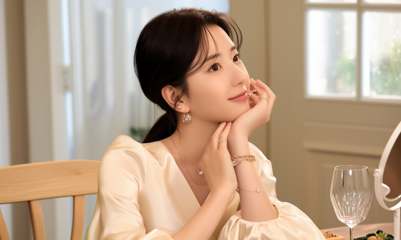 生活瞬间,美女,韩系美女,丝绸,美妆广告,家庭餐桌,4K超清,写实风格,温馨,柔和室内光,细腻皮肤,项链,耳环,手链。 生活瞬间,美女,韩系美女,丝绸,美妆广告,家庭餐桌,4K超清,写实风格,温馨,柔和室内光,细腻皮肤,项链,耳环,手链。
